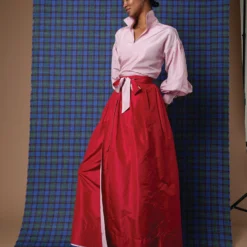 Reversible Pleated Wrap Skirt In Light Pink/Red Silk Taffeta 29 Reversible Pleated Wrap Skirt In Light Pink/Red Silk Taffeta -Modezzia Sales AM 23 DEC RED SKIRT PDP PDP