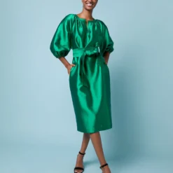 Trapunto Blouson Dress In Emerald Silk/Wool -Modezzia Sales M 23 NOV EDITORIAL PDP 1