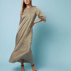 Long-Sleeved Paige Maxi Dress In Gold/Sapphire Sunflower Charmeuse -Modezzia Sales M 23 NOV EDITORIAL PDP 2