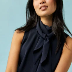 Sleeveless Tie-Neck Blouse In Navy Silk Crepe De Chine -Modezzia Sales M 23 NOV EDITORIAL PDP 4