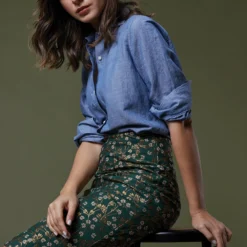 Pull-On Skirt In Hunter/Gold Floral Jacquard -Modezzia Sales M F23 CATALOG DROP 2 PDP 10