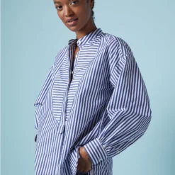 Indira Bib-Front Tunic In Navy Awning Stripe Poplin -Modezzia Sales M F23 CATALOG S71362 47 D1 PDP