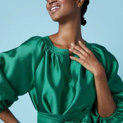 Trapunto Blouson Dress In Emerald Silk/Wool -Modezzia Sales M HOLIDAY 23 CATALOG PDP 33 S72092