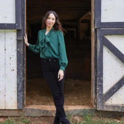 Helene Tie-Neck Blouse In Hunter Silk Crepe De Chine -Modezzia Sales M HOLIDAY 23 CATALOG PDP 36