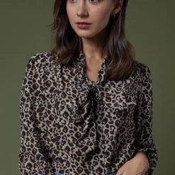 Helene Tie-Neck Blouse In Camel/Black Painterly Leopard Crepe De Chine 21 Helene Tie-Neck Blouse In Camel/Black Painterly Leopard Crepe De Chine -Modezzia Sales M HOLIDAY 23 CATALOG PDP 37