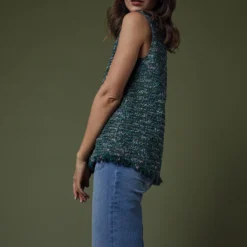 Sleeveless Ana Fringe Top In Green/Pink Tweed 17 Sleeveless Ana Fringe Top In Green/Pink Tweed -Modezzia Sales M HOLIDAY 23 CATALOG PDP 49 D2
