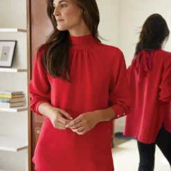 Colette Tie-Neck Blouse In Red Silk Crepe De Chine -Modezzia Sales M HOLIDAY 23 CATALOG PDP 51 D2