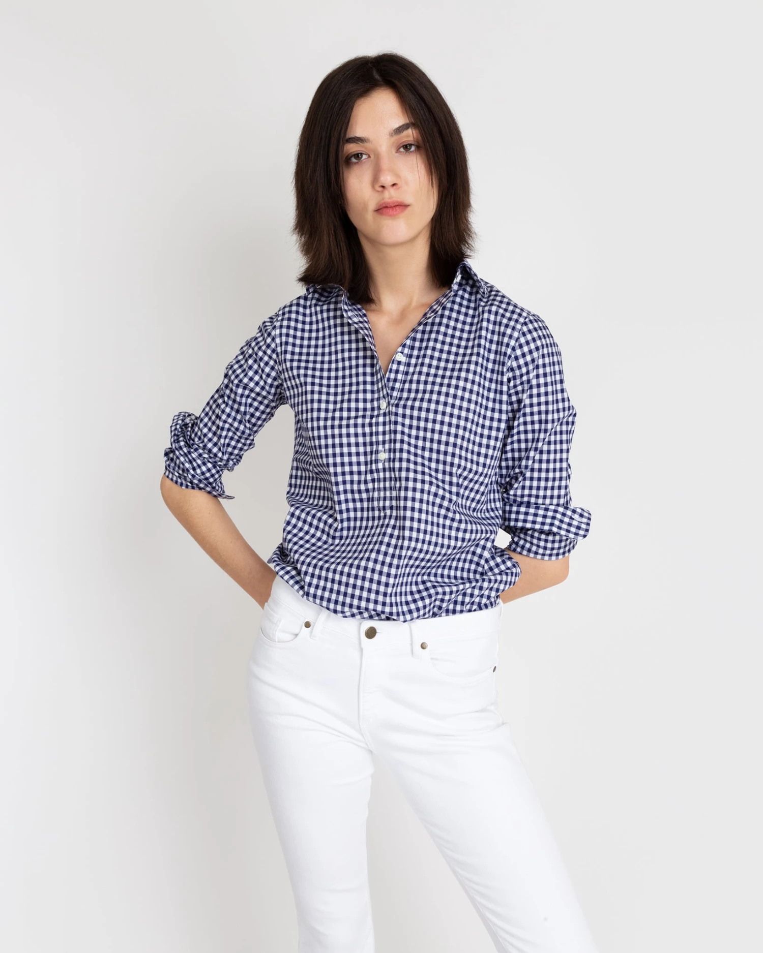 Tomboy Popover Shirt In Navy Gingham Poplin 4 Tomboy Popover Shirt In Navy Gingham Poplin - Image 2