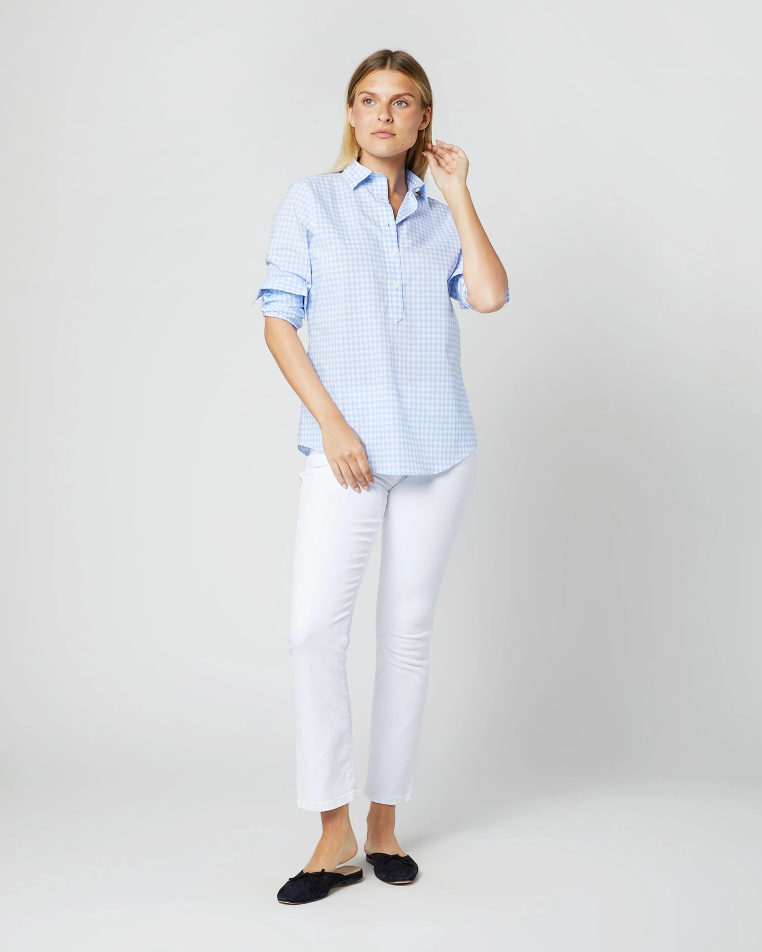 Tomboy Popover Shirt In Sky Blue Gingham Poplin 8 Tomboy Popover Shirt In Sky Blue Gingham Poplin - Image 6