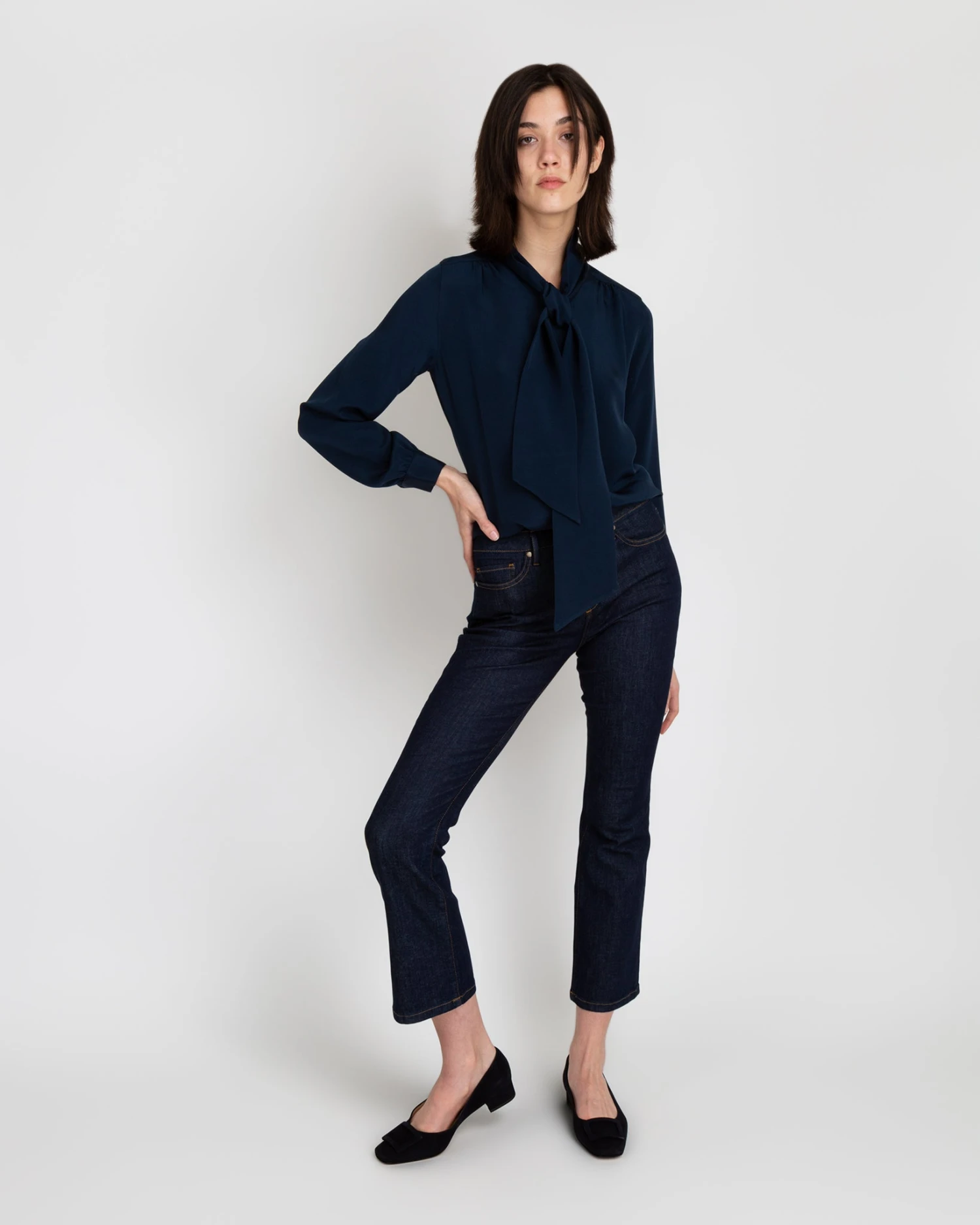 Tie-Neck Blouse In Navy Silk Crepe De Chine 7 Tie-Neck Blouse In Navy Silk Crepe De Chine - Image 5
