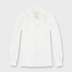 Tie-Neck Blouse In Ivory Silk Crepe De Chine