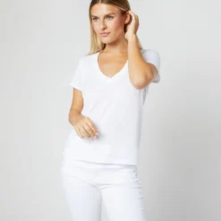 Short-Sleeved Deep-V Tee In White Pima Cotton 17 Short-Sleeved Deep-V Tee In White Pima Cotton -Modezzia Sales S31940 070
