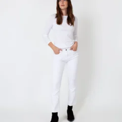 Long-Sleeved Boatneck Tee In White Pima Cotton -Modezzia Sales S31946 3