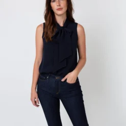 Sleeveless Tie-Neck Blouse In Navy Silk Crepe De Chine -Modezzia Sales S40774 5