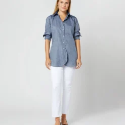 Boyfriend Shirt In Indigo Cotolino Chambray 9 Boyfriend Shirt In Indigo Cotolino Chambray -Modezzia Sales S4131 493