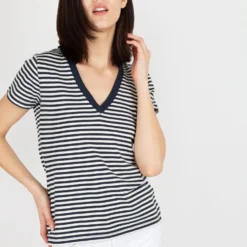 Short-Sleeved Deep-V Tee In Navy/Natural Stripe Jersey 11 Short-Sleeved Deep-V Tee In Navy/Natural Stripe Jersey -Modezzia Sales S54854 2
