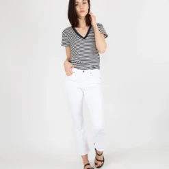 Short-Sleeved Deep-V Tee In Navy/Natural Stripe Jersey 14 Short-Sleeved Deep-V Tee In Navy/Natural Stripe Jersey -Modezzia Sales S54854 5