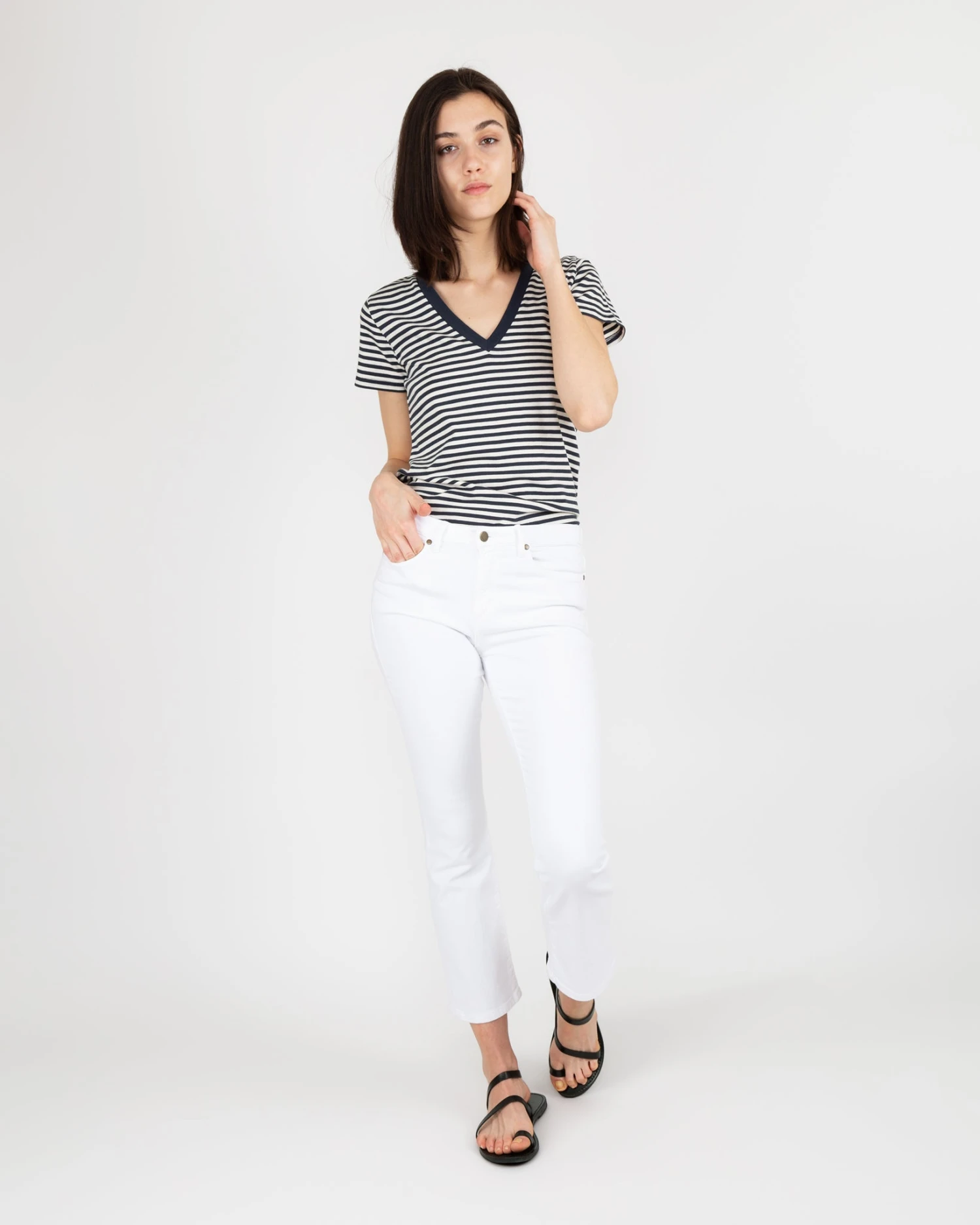 Short-Sleeved Deep-V Tee In Navy/Natural Stripe Jersey 7 Short-Sleeved Deep-V Tee In Navy/Natural Stripe Jersey - Image 5