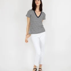 Short-Sleeved Deep-V Tee In Navy/Natural Stripe Jersey 15 Short-Sleeved Deep-V Tee In Navy/Natural Stripe Jersey -Modezzia Sales S54854 6