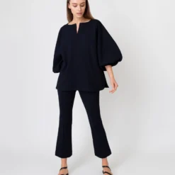 Faye Flare Cropped Pant In Ink Waffle Crepe 18 Faye Flare Cropped Pant In Ink Waffle Crepe -Modezzia Sales S60049 8