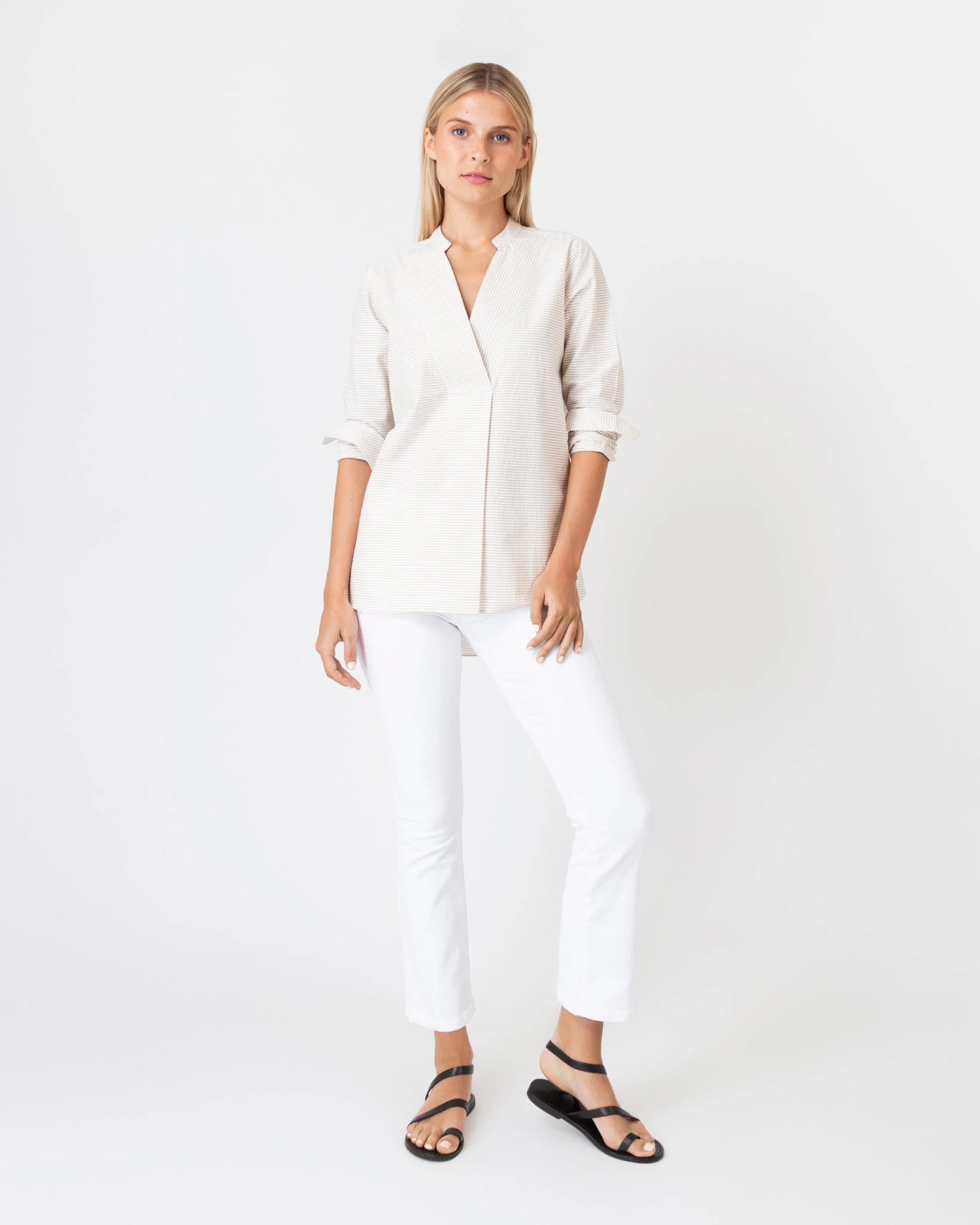 Nyala Shirt In Taupe Horizontal Stripe Seersucker 5 Nyala Shirt In Taupe Horizontal Stripe Seersucker - Image 3