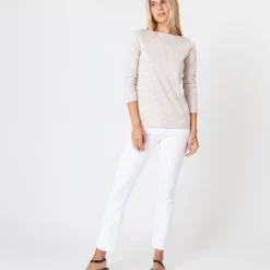 Long-Sleeved Boatneck Tee In Taupe/Ivory Stripe Compact Jersey -Modezzia Sales S60599 2