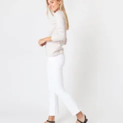 Long-Sleeved Boatneck Tee In Taupe/Ivory Stripe Compact Jersey -Modezzia Sales S60599 3