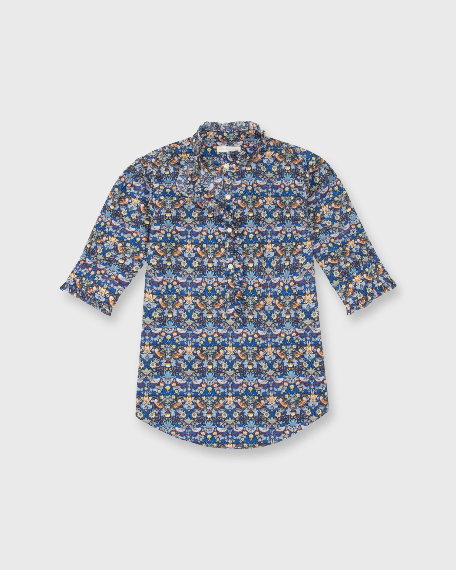 Elbow-Sleeve Frill Shirt In Blue/Gold Strawberry Thief Liberty Fabric 3 Elbow-Sleeve Frill Shirt In Blue/Gold Strawberry Thief Liberty Fabric