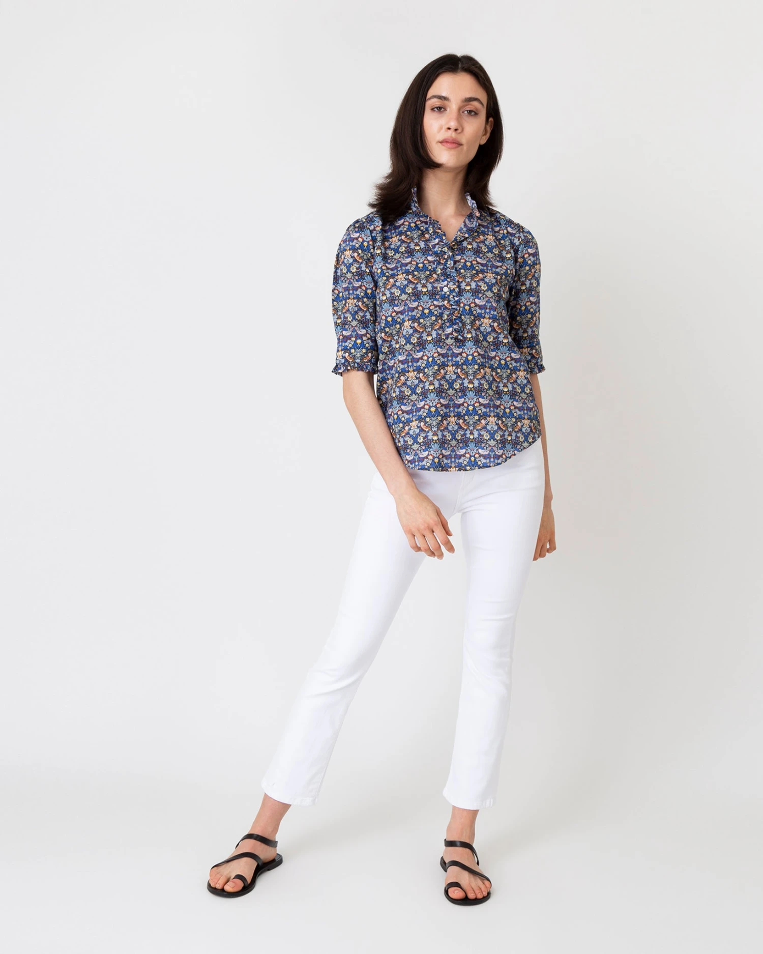 Elbow-Sleeve Frill Shirt In Blue/Gold Strawberry Thief Liberty Fabric 4 Elbow-Sleeve Frill Shirt In Blue/Gold Strawberry Thief Liberty Fabric - Image 2