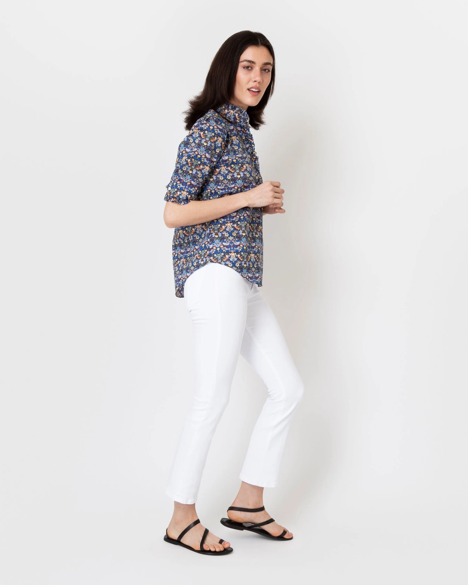 Elbow-Sleeve Frill Shirt In Blue/Gold Strawberry Thief Liberty Fabric 7 Elbow-Sleeve Frill Shirt In Blue/Gold Strawberry Thief Liberty Fabric - Image 5