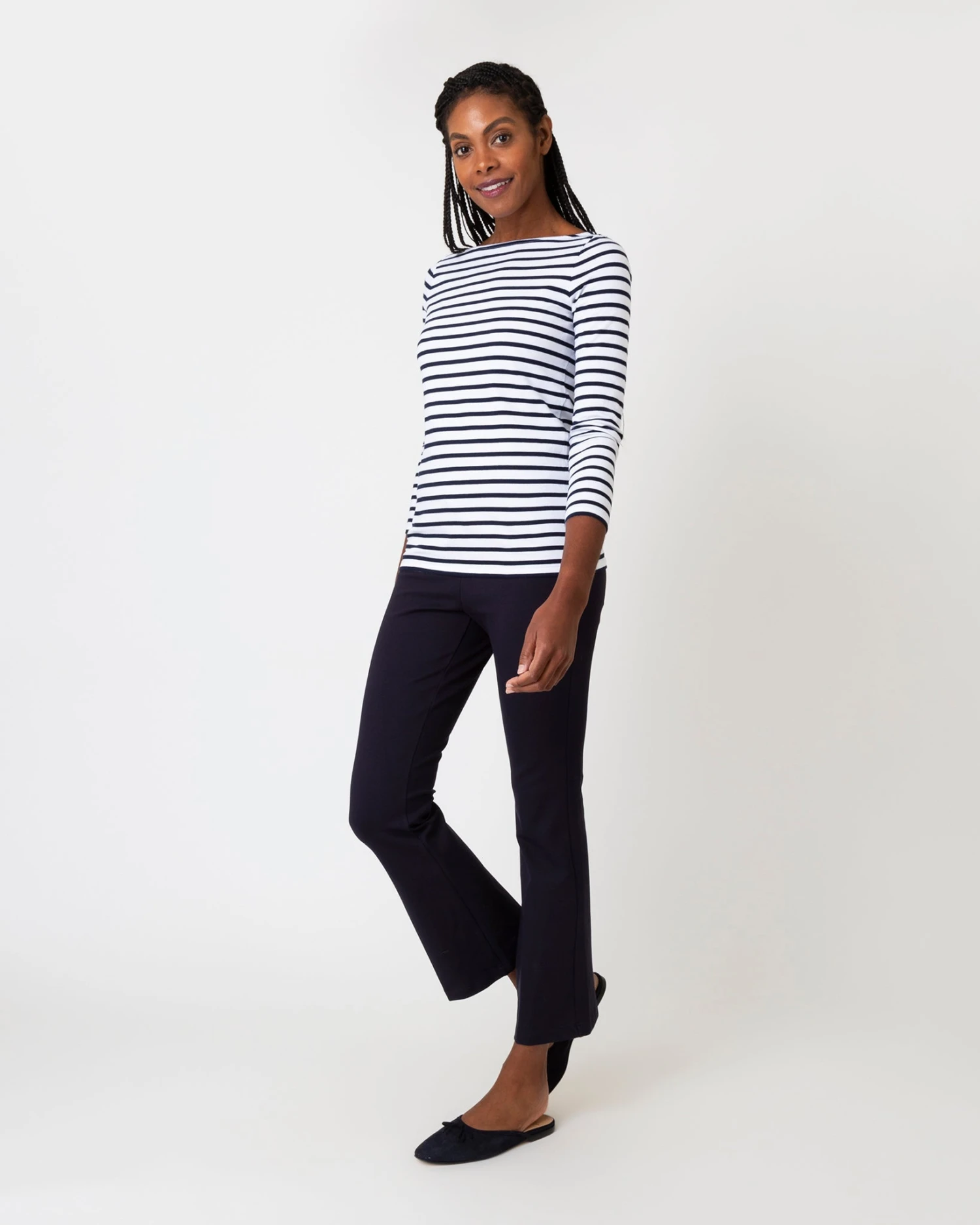 Long-Sleeved Boatneck Tee In White/Navy Stripe Compact Jersey 5 Long-Sleeved Boatneck Tee In White/Navy Stripe Compact Jersey - Image 3