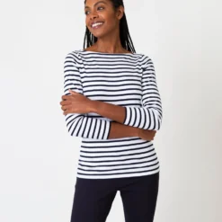 Long-Sleeved Boatneck Tee In White/Navy Stripe Compact Jersey 15 Long-Sleeved Boatneck Tee In White/Navy Stripe Compact Jersey -Modezzia Sales S64673 6