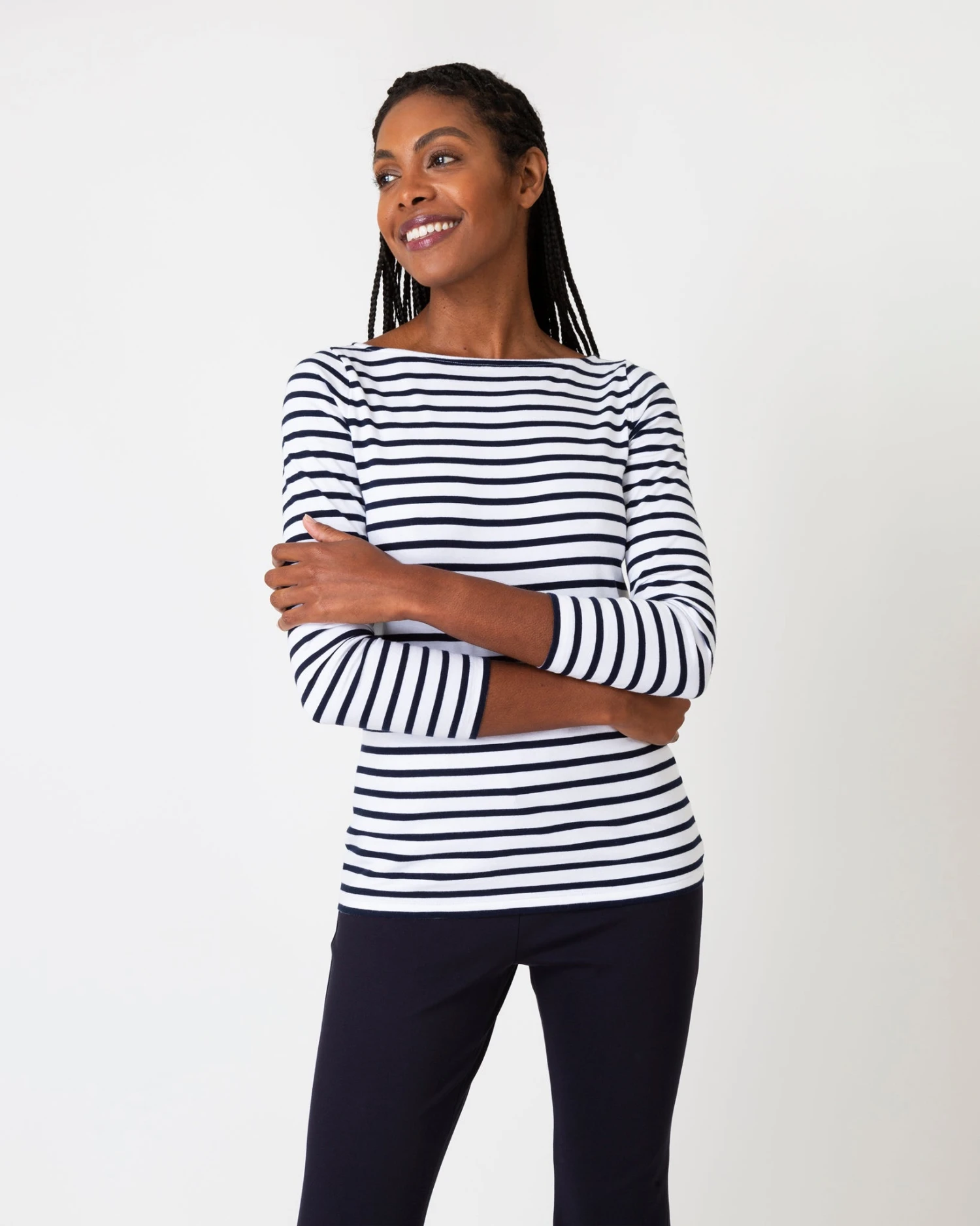 Long-Sleeved Boatneck Tee In White/Navy Stripe Compact Jersey 9 Long-Sleeved Boatneck Tee In White/Navy Stripe Compact Jersey - Image 7