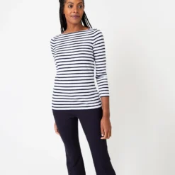 Long-Sleeved Boatneck Tee In White/Navy Stripe Compact Jersey 10 Long-Sleeved Boatneck Tee In White/Navy Stripe Compact Jersey -Modezzia Sales S64673 7