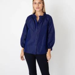 Button-Front Kamille Blouse In Navy Silk Shantung 8 Button-Front Kamille Blouse In Navy Silk Shantung -Modezzia Sales S67264 6