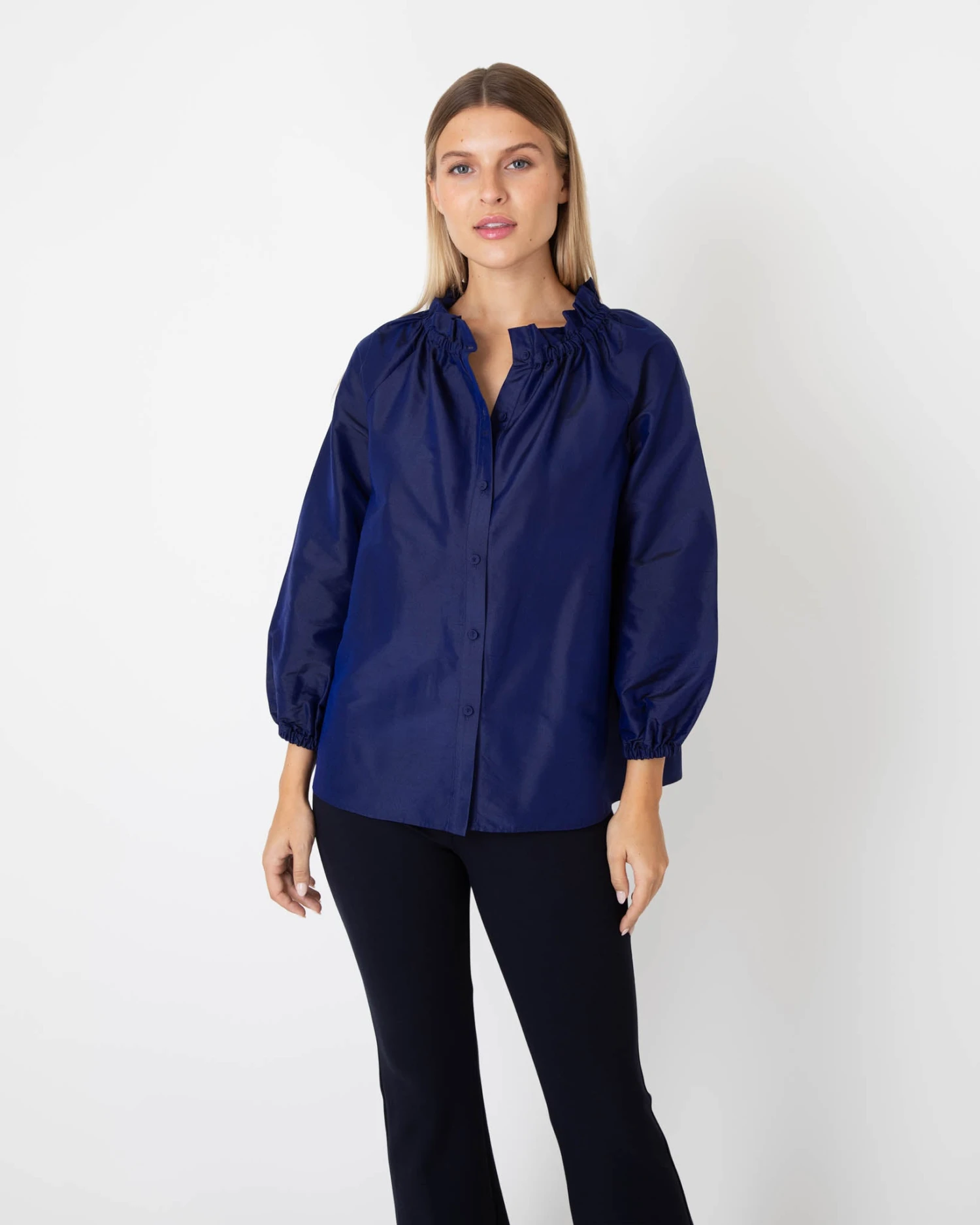 Button-Front Kamille Blouse In Navy Silk Shantung 4 Button-Front Kamille Blouse In Navy Silk Shantung - Image 3