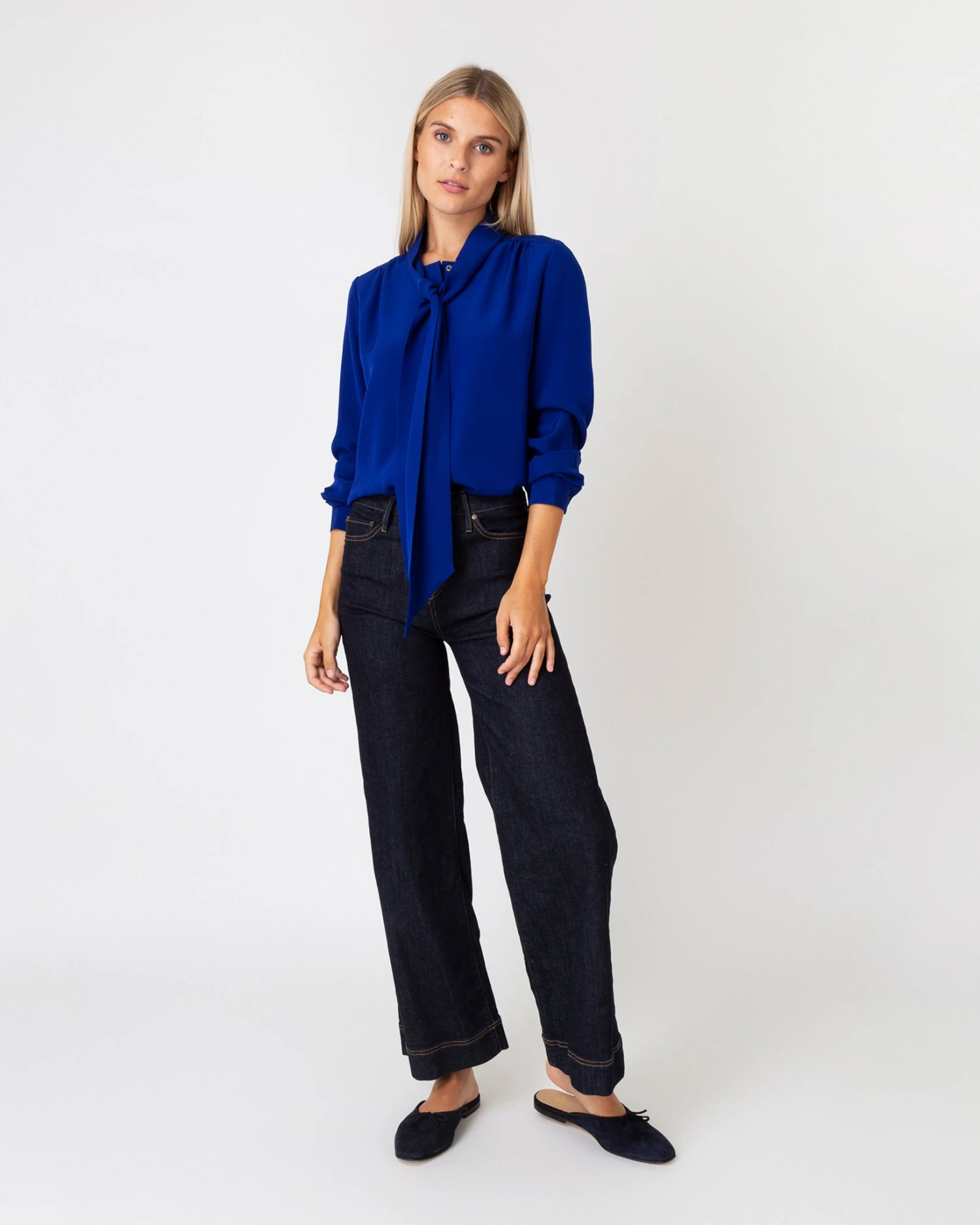 Tie-Neck Blouse In Sapphire Silk Crepe De Chine 4 Tie-Neck Blouse In Sapphire Silk Crepe De Chine - Image 2