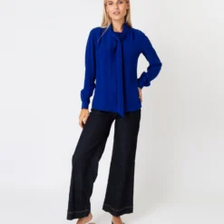 Tie-Neck Blouse In Sapphire Silk Crepe De Chine 11 Tie-Neck Blouse In Sapphire Silk Crepe De Chine -Modezzia Sales S67284 8