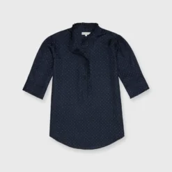 Elbow-Sleeve Frill Blouse In Navy/White Polka Dot Silk Twill