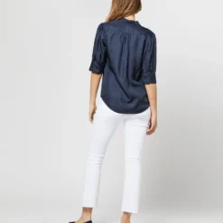 Elbow-Sleeve Frill Blouse In Navy/White Polka Dot Silk Twill 16 Elbow-Sleeve Frill Blouse In Navy/White Polka Dot Silk Twill -Modezzia Sales S70501 2910