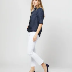 Elbow-Sleeve Frill Blouse In Navy/White Polka Dot Silk Twill 13 Elbow-Sleeve Frill Blouse In Navy/White Polka Dot Silk Twill -Modezzia Sales S70501 2921