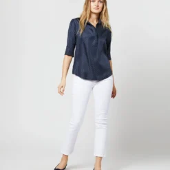 Elbow-Sleeve Frill Blouse In Navy/White Polka Dot Silk Twill 12 Elbow-Sleeve Frill Blouse In Navy/White Polka Dot Silk Twill -Modezzia Sales S70501 2933