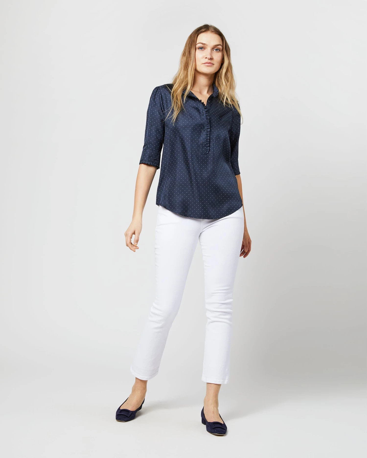 Elbow-Sleeve Frill Blouse In Navy/White Polka Dot Silk Twill 5 Elbow-Sleeve Frill Blouse In Navy/White Polka Dot Silk Twill - Image 3