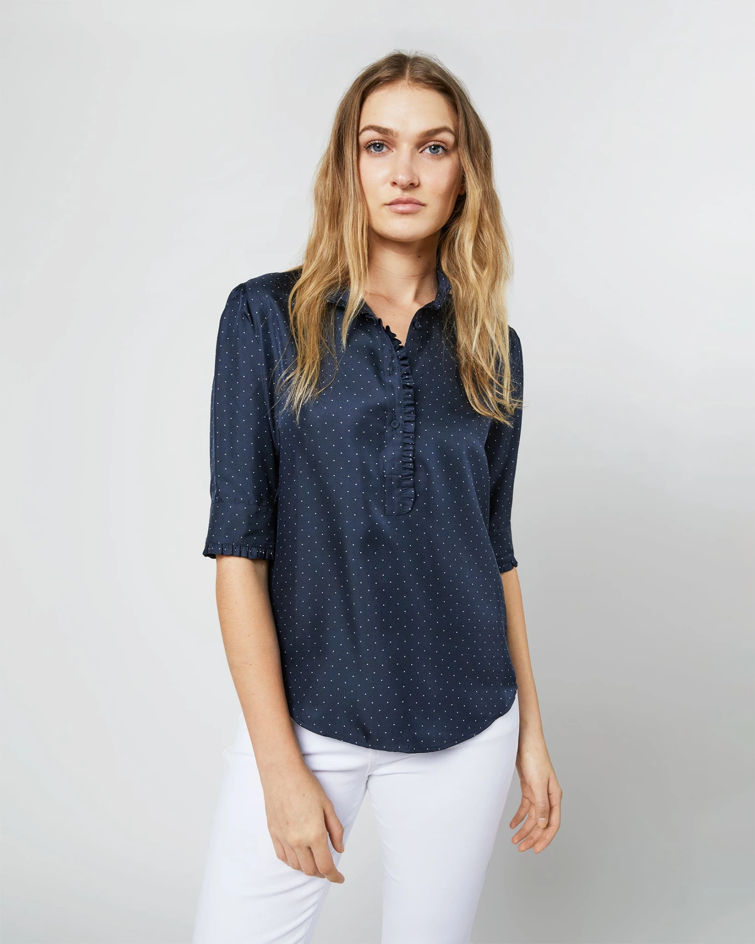Elbow-Sleeve Frill Blouse In Navy/White Polka Dot Silk Twill 4 Elbow-Sleeve Frill Blouse In Navy/White Polka Dot Silk Twill - Image 2