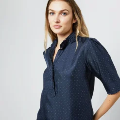 Elbow-Sleeve Frill Blouse In Navy/White Polka Dot Silk Twill 14 Elbow-Sleeve Frill Blouse In Navy/White Polka Dot Silk Twill -Modezzia Sales S70501 2973
