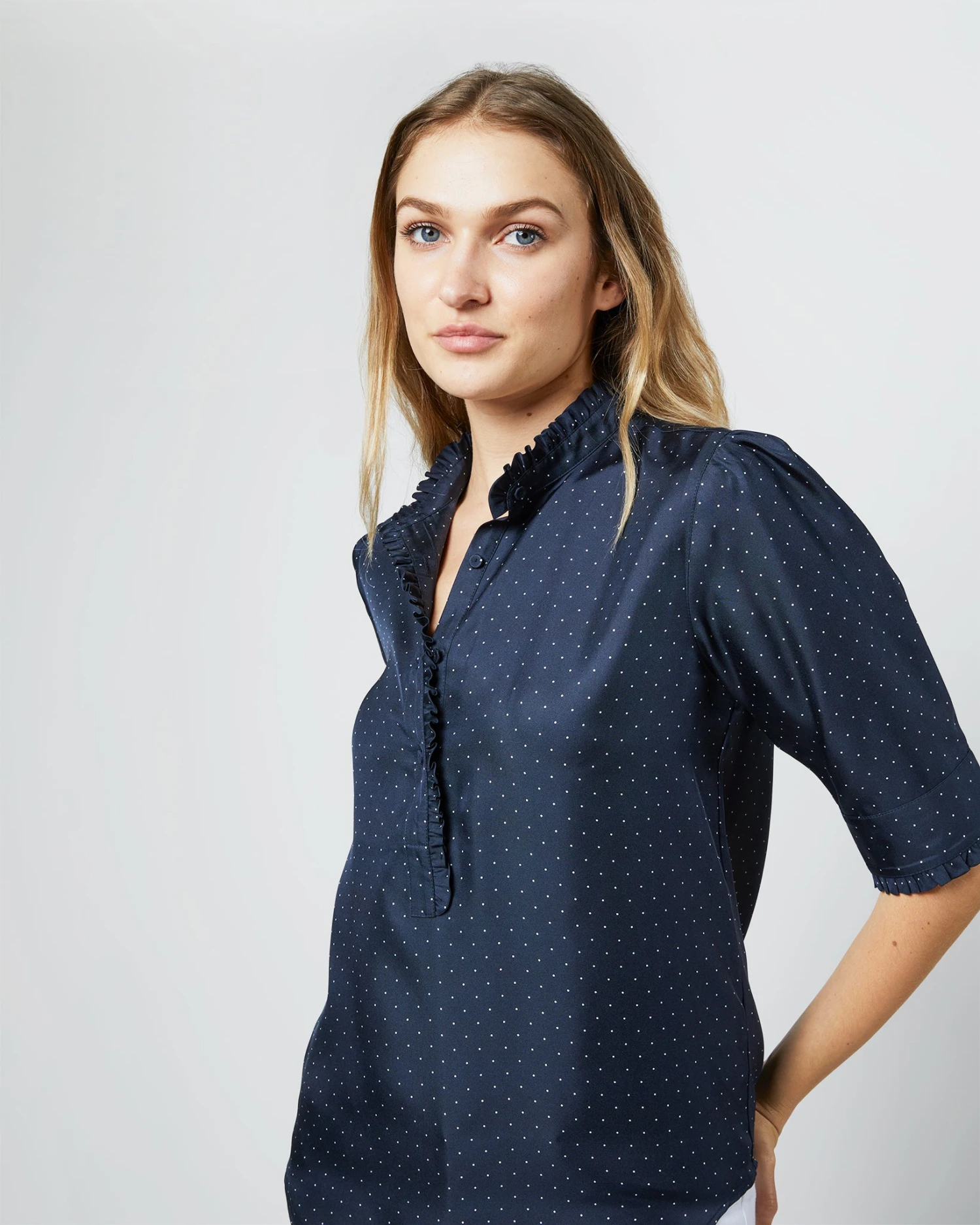 Elbow-Sleeve Frill Blouse In Navy/White Polka Dot Silk Twill 7 Elbow-Sleeve Frill Blouse In Navy/White Polka Dot Silk Twill - Image 5