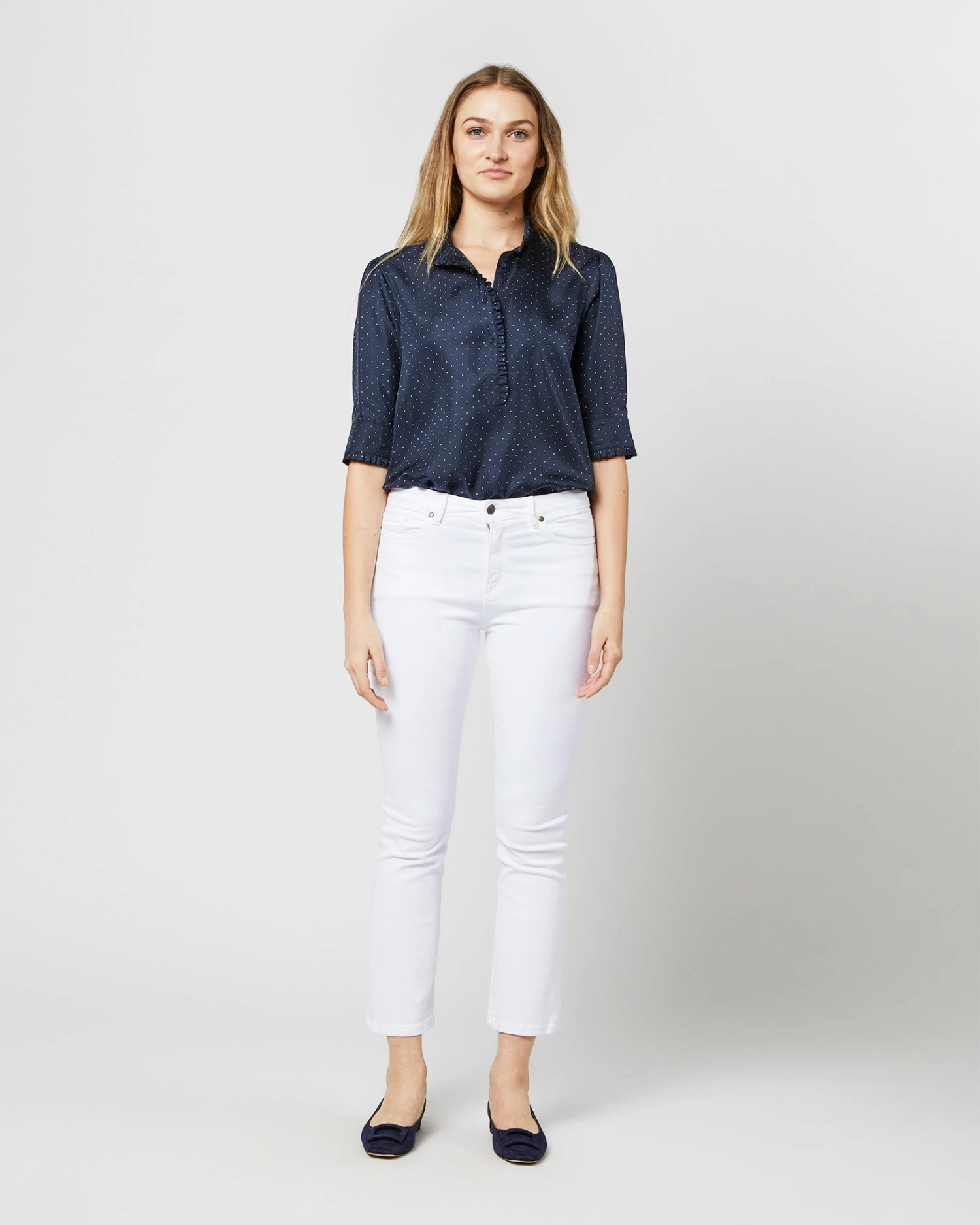 Elbow-Sleeve Frill Blouse In Navy/White Polka Dot Silk Twill 8 Elbow-Sleeve Frill Blouse In Navy/White Polka Dot Silk Twill - Image 6