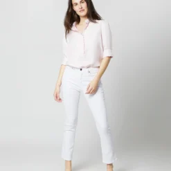 Elbow-Sleeve Frill Blouse In Pale Pink Silk Twill -Modezzia Sales S70502 1763