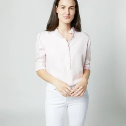Elbow-Sleeve Frill Blouse In Pale Pink Silk Twill -Modezzia Sales S70502 1829