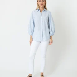 Isla Shirt In Steel Blue/White Stripe Chambray -Modezzia Sales S70935 2